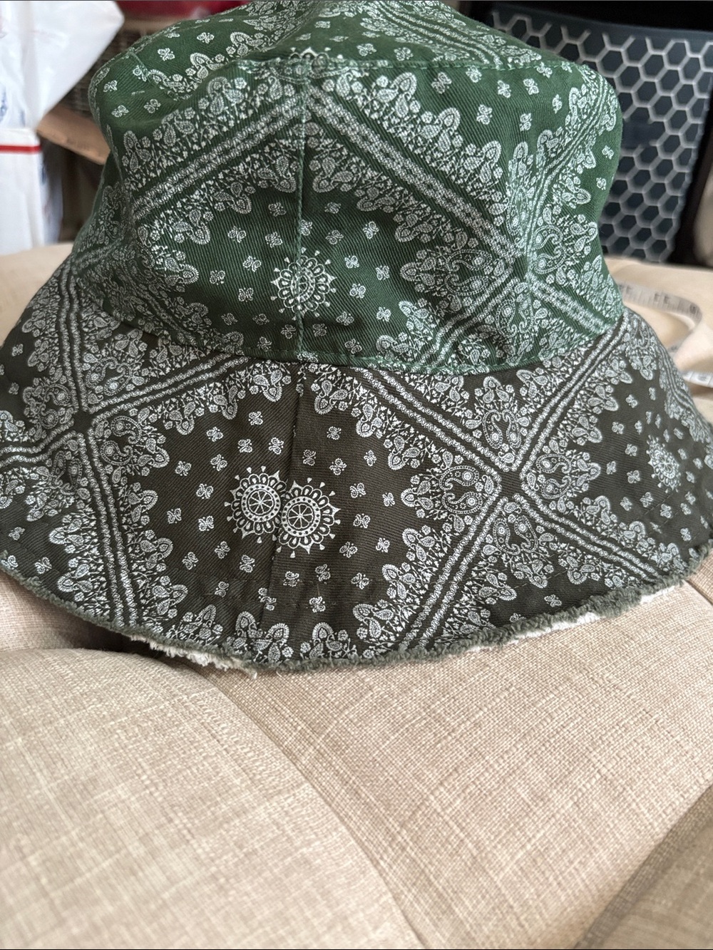 Free People Green & Olive Bandana-Print Bucket Hat NWOT